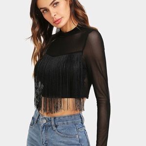 NWOT Black fringe detail sheer mesh crop top